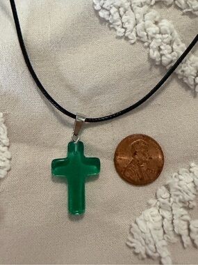 Green Glass Cross Pendant Necklace